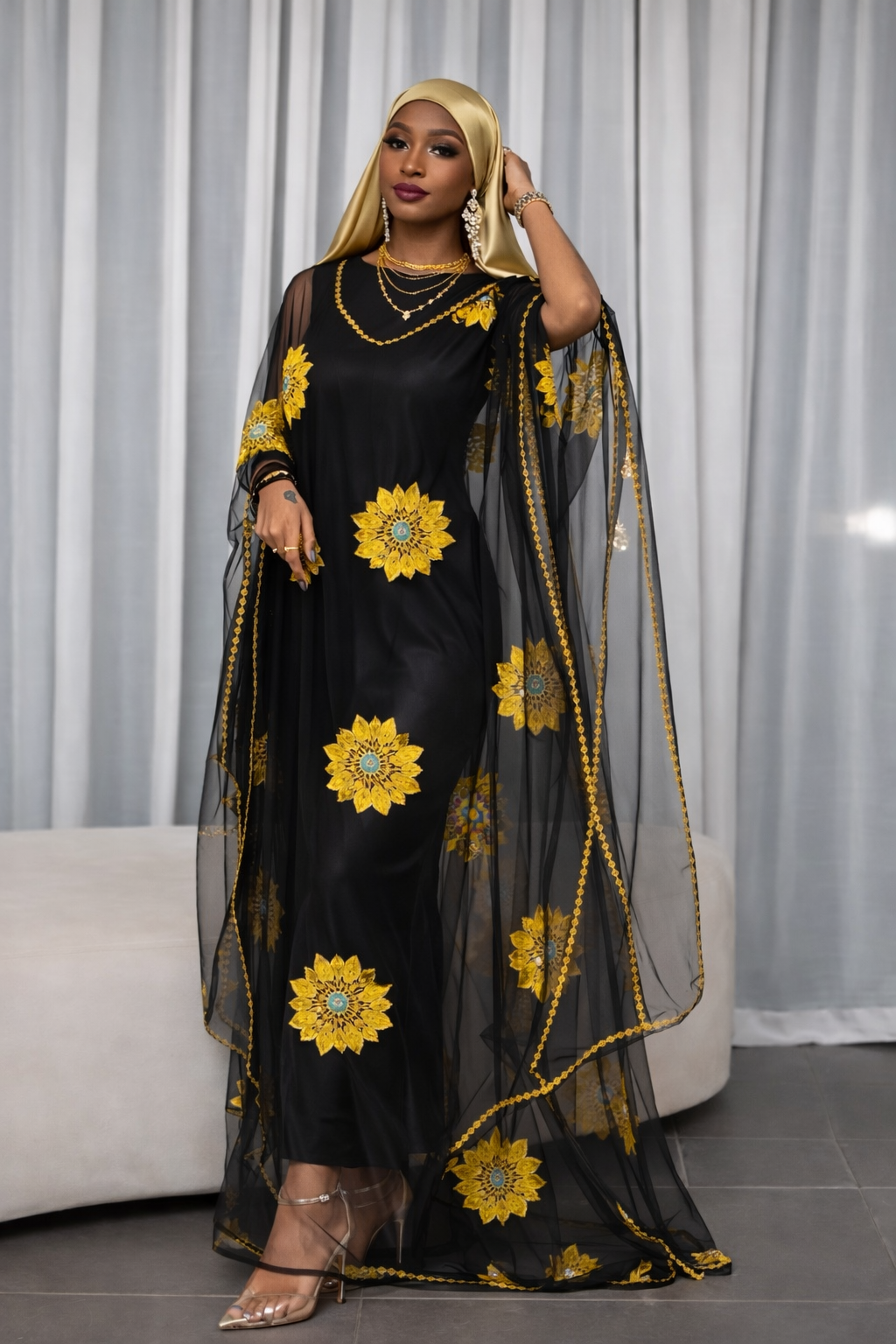 Floral embroidery sheer Kaftan