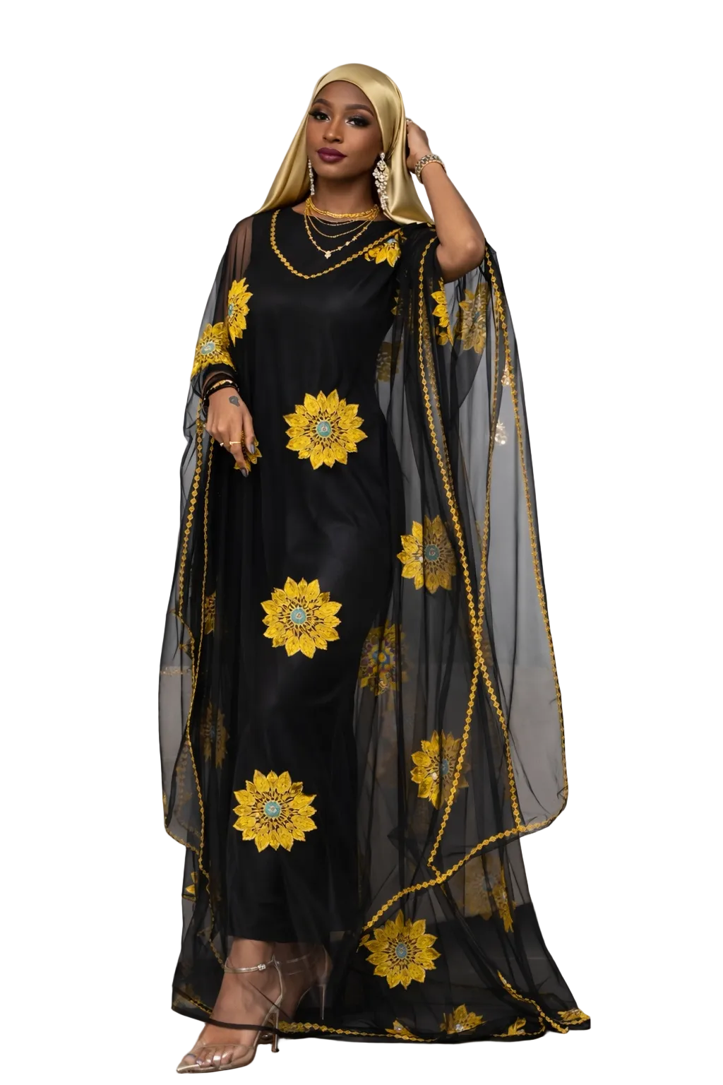 Floral embroidery sheer Kaftan