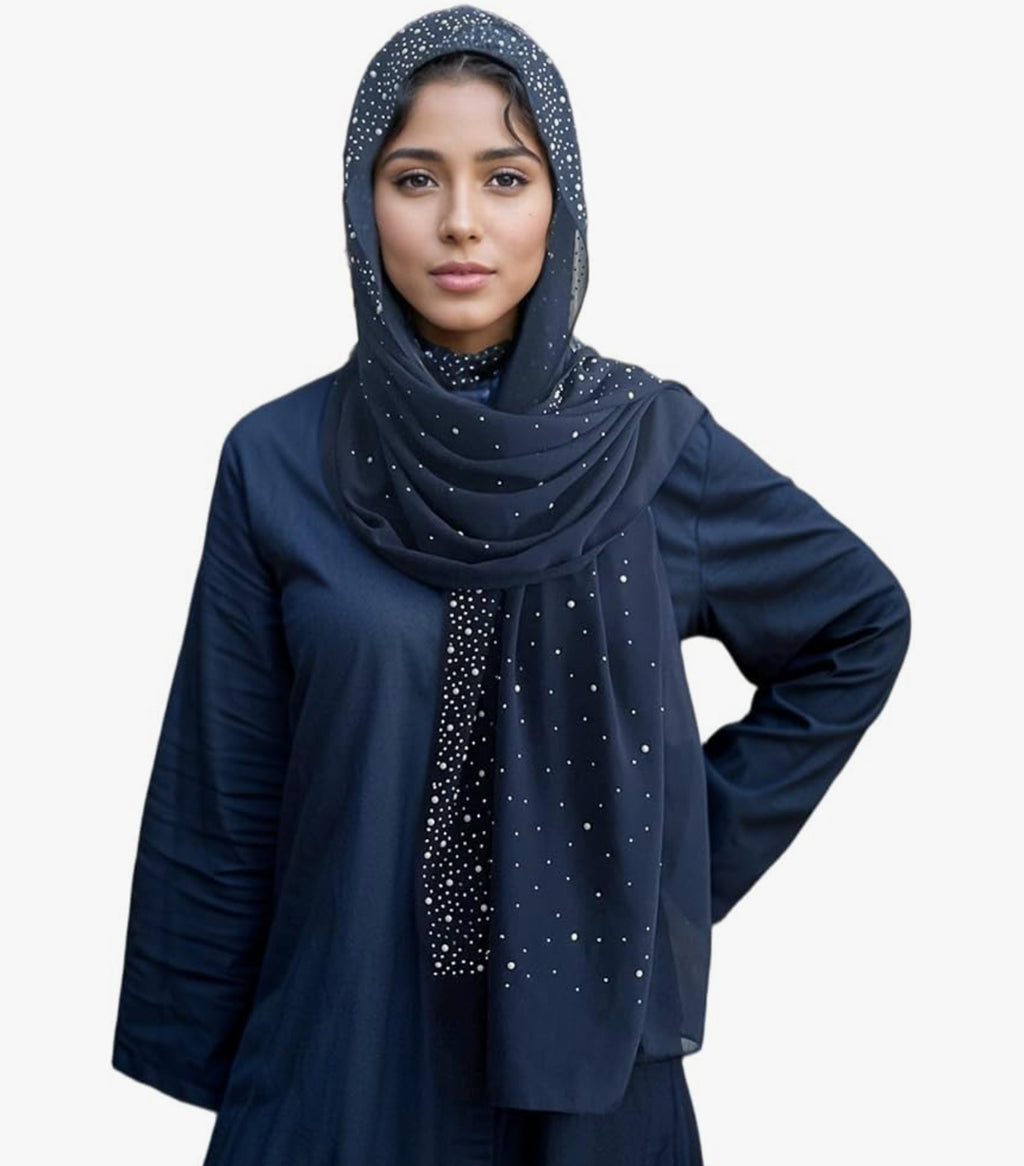 Luxury Diamond Hijab Shawl and Wraps For Evening Dress Shiny Rhinestones And Pearl Chiffon Scarf For Muslim Women (5 colors)