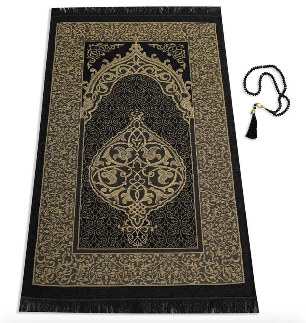 Black Islamic Prayer Mat/beads