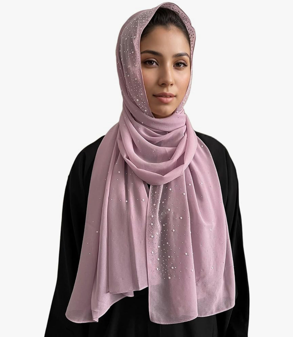 Luxury Diamond Hijab Shawl and Wraps For Evening Dress Shiny Rhinestones And Pearl Chiffon Scarf For Muslim Women (5 colors)