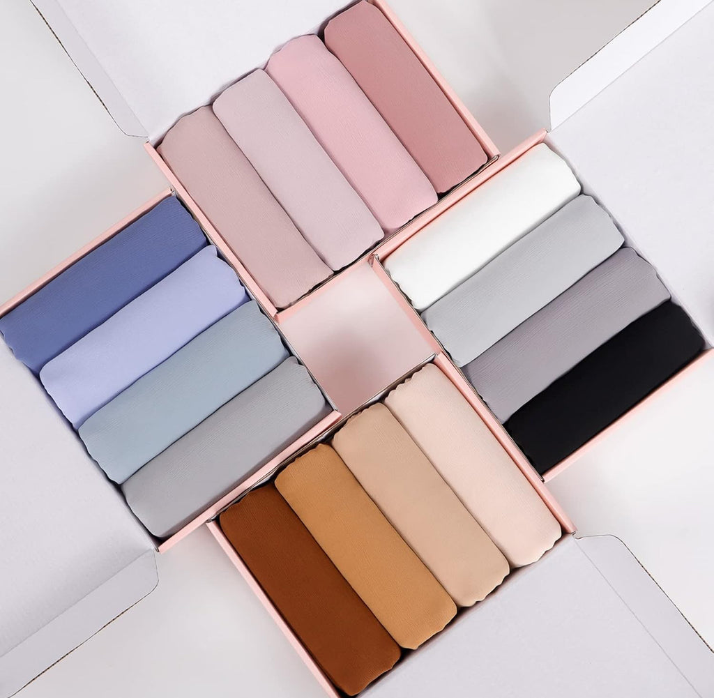Febfim 4PCS Premium Dubai Muslim Women Chiffon Crinkle Hijab Scarf Plain Chiffon Bubble Hijab Wrap Shawl