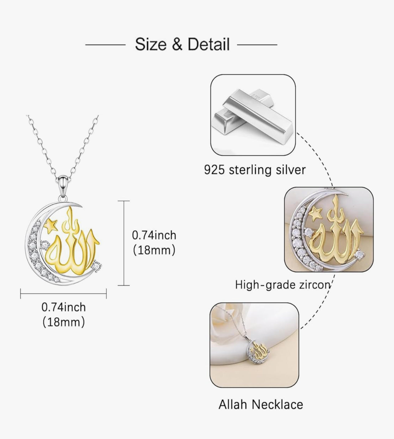 Islamic Necklace for Women 925 Sterling Silver Islamic Pendant Necklace
