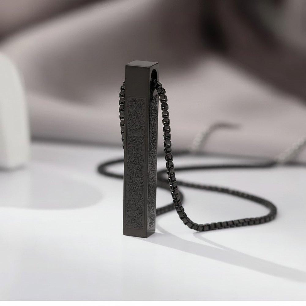 VASSAGO for Women Men Stainless Steel Leather Chain Necklace 3D Bar Pendant Islamic Ayatul Kursi