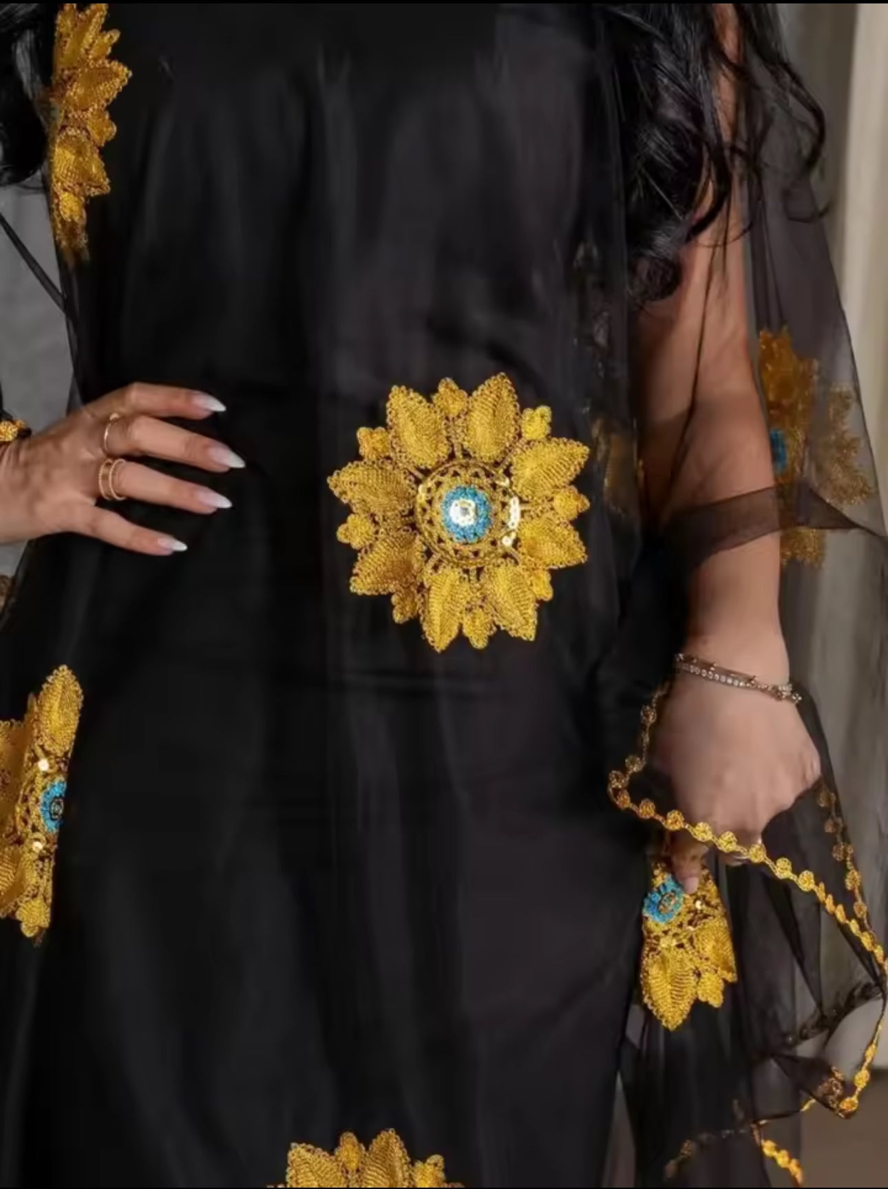 Floral embroidery sheer Kaftan