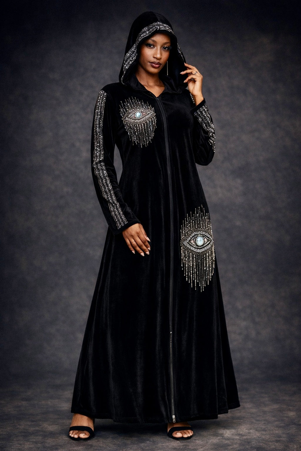 Hooded velvet Ramadan abaya with sequins (3 colors)