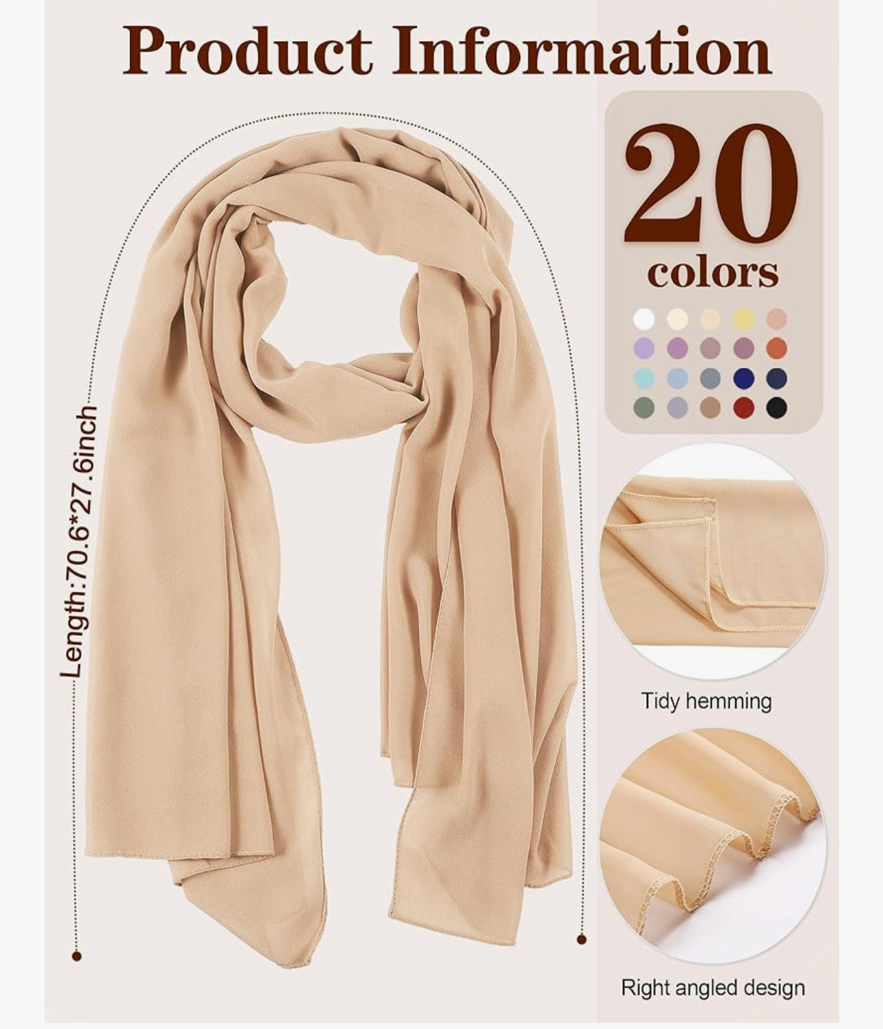Mepase Solid Color Chiffon Hijab Head Scarves, Hijab Chiffon Long Scarf Shawl Wrap, 20 Colors