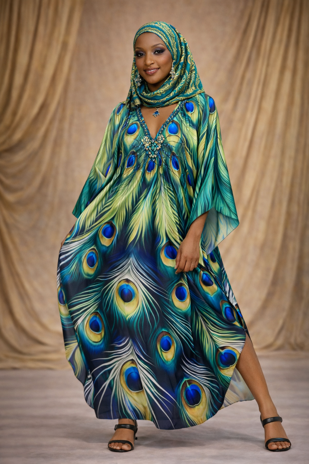 Peacock feather kaftan
